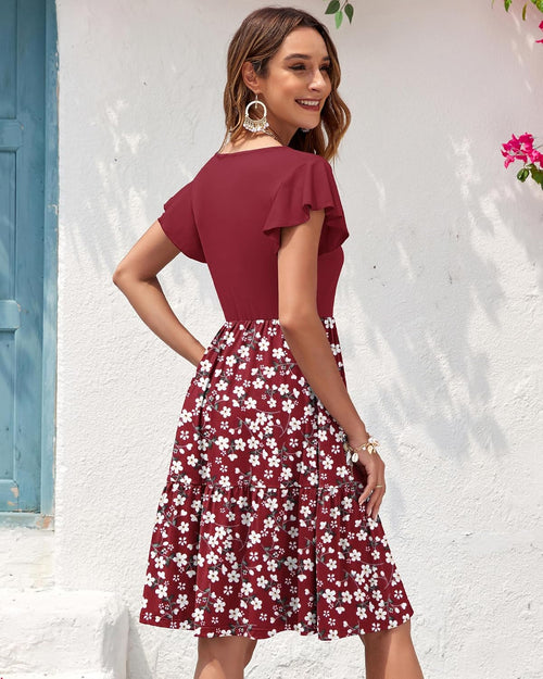 Aurélia Robe Femme – Robe Évasée à Col V avec Manches Volantées et Poches
