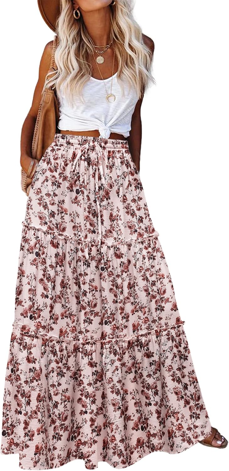 Maëlle Jupe Maxi – Jupe Longue Bohème Taille Haute à Volants avec Poches
