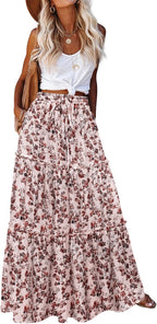 Maëlle Jupe Maxi – Jupe Longue Bohème Taille Haute à Volants avec Poches