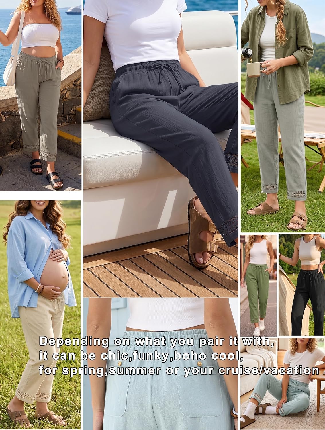 Samantha Pantalon Femme – Pantalon Court Ample avec Taille Élastiquée, Cordon de Serrage et Finition en Dentelle