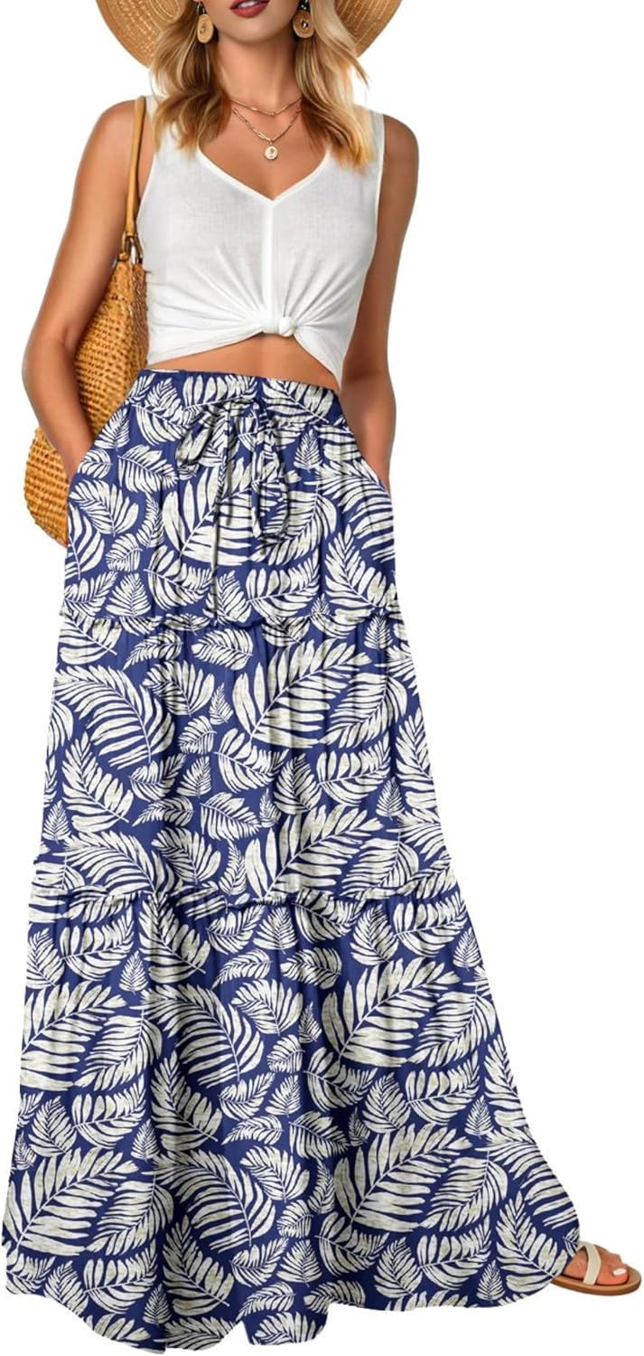 Léonie Jupe Longue Fleurie Bohème – Jupe Maxi Taille Haute Fluide avec Poches