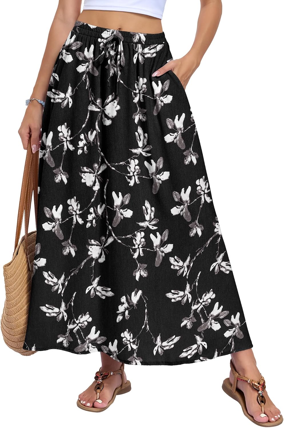 Solenne Jupe Longue – Jupe Maxi Taille Haute Fluide avec Poches Style Bohème d'Été