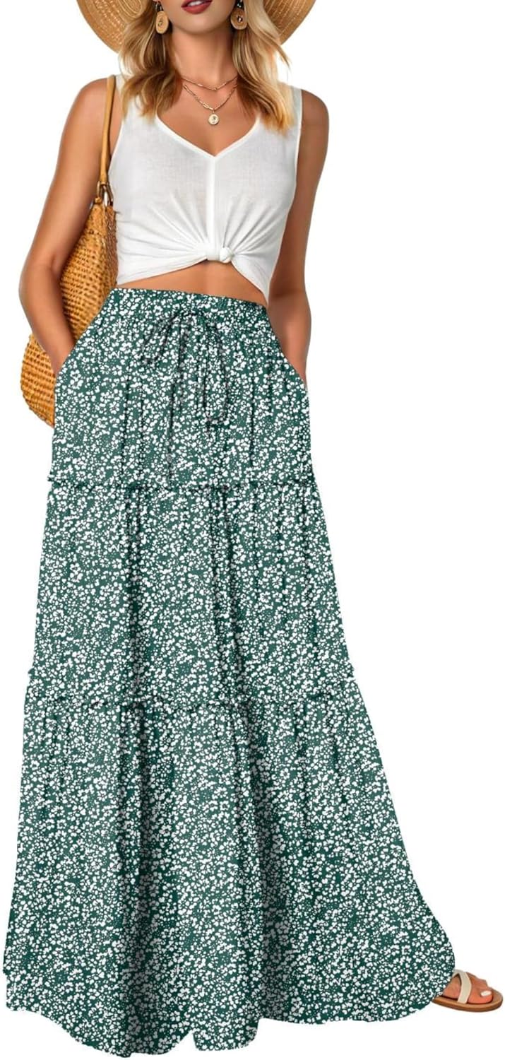 Léonie Jupe Longue Fleurie Bohème – Jupe Maxi Taille Haute Fluide avec Poches