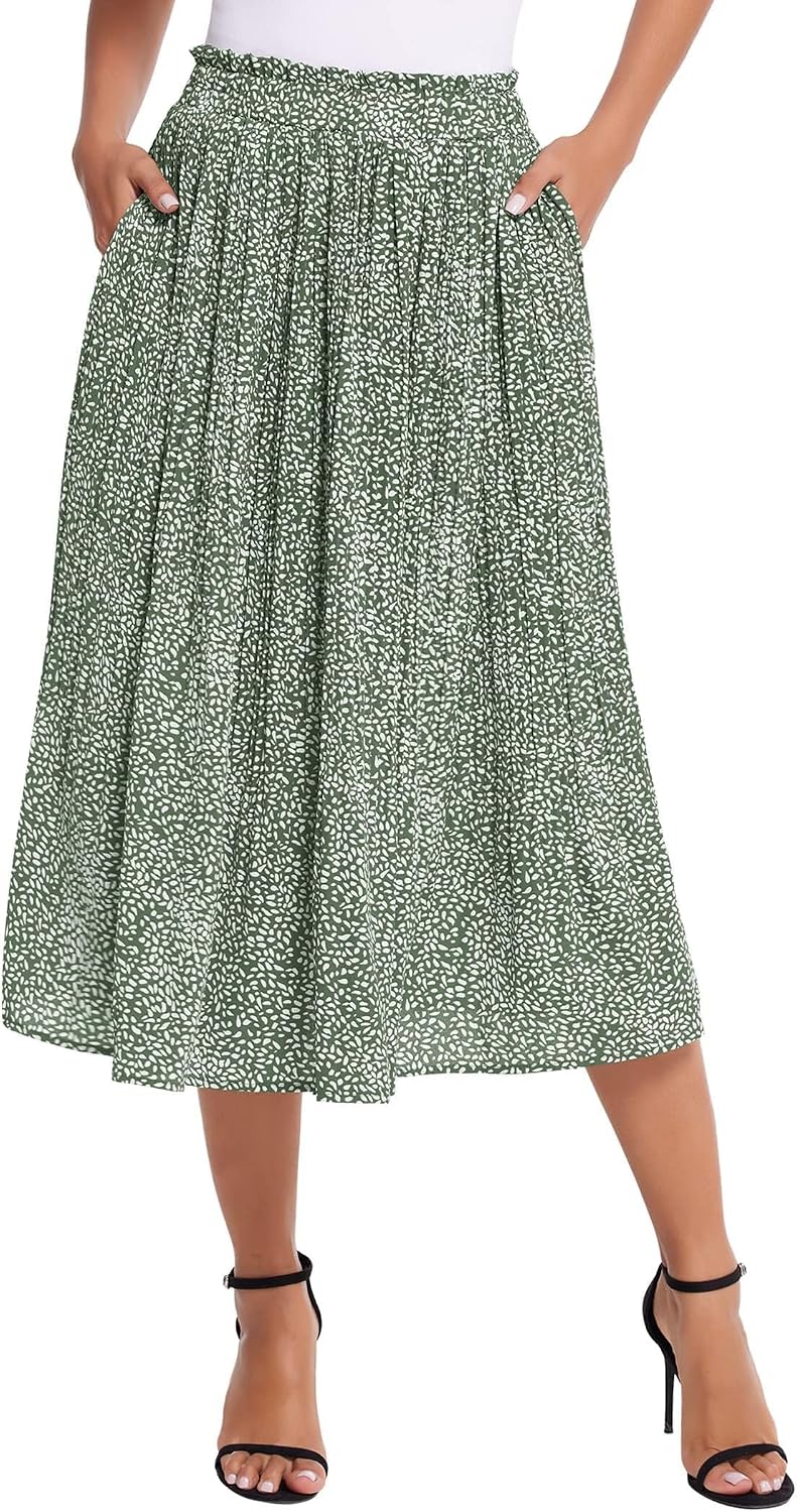 Ysaline Jupe Midi – Jupe Plissée à Pois en Mousseline avec Taille Élastique et Poches
