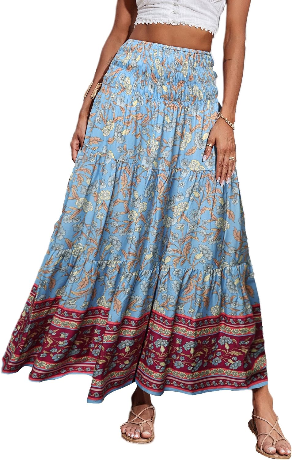 Maëlys Jupe Longue Bohème Fleurie – Jupe Maxi Évasée Taille Haute à Taille Élastique