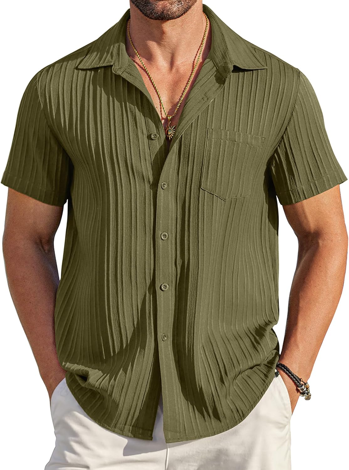 Bastien Chemise Homme – Chemise Texturée à Manches Courtes avec Poche