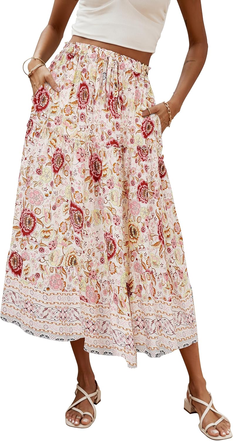 Évelyne Jupe Maxi – Jupe Longue Bohème Fleurie Taille Haute avec Poches