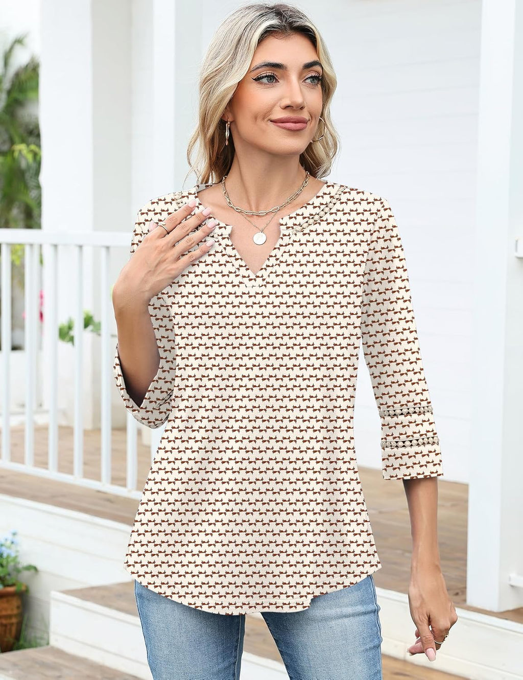 Charlene Blouse Femme – Col V Brodé en Dentelle avec Manches 3/4
