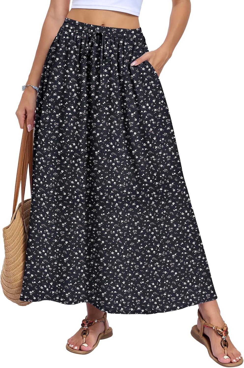 Solenne Jupe Longue – Jupe Maxi Taille Haute Fluide avec Poches Style Bohème d'Été