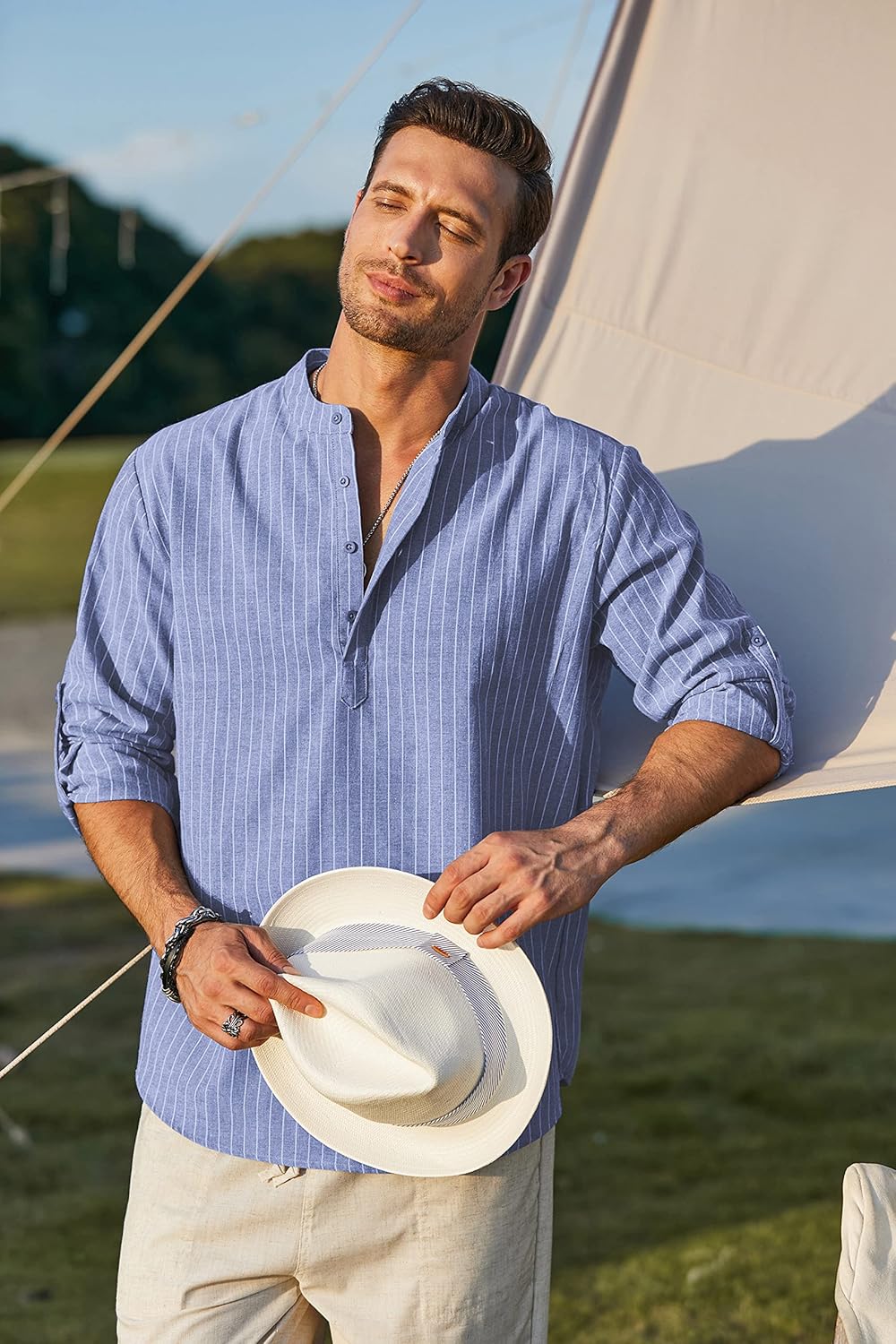 Paolo Men's Linen Henley Shirt – Lightweight Striped Shirt for Summer