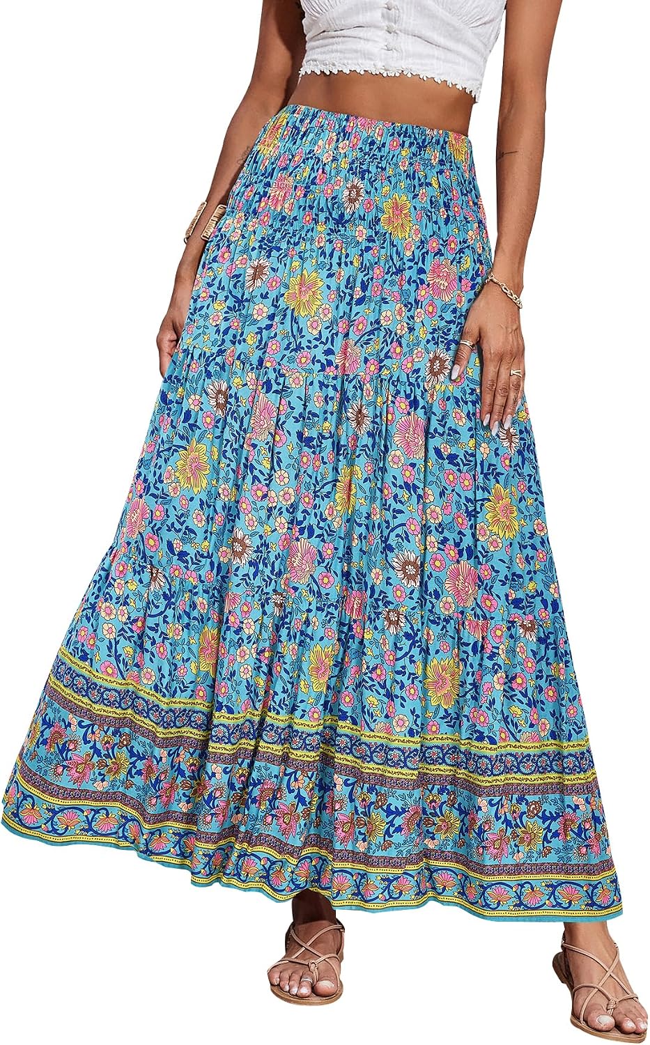 Maëlys Jupe Longue Bohème Fleurie – Jupe Maxi Évasée Taille Haute à Taille Élastique