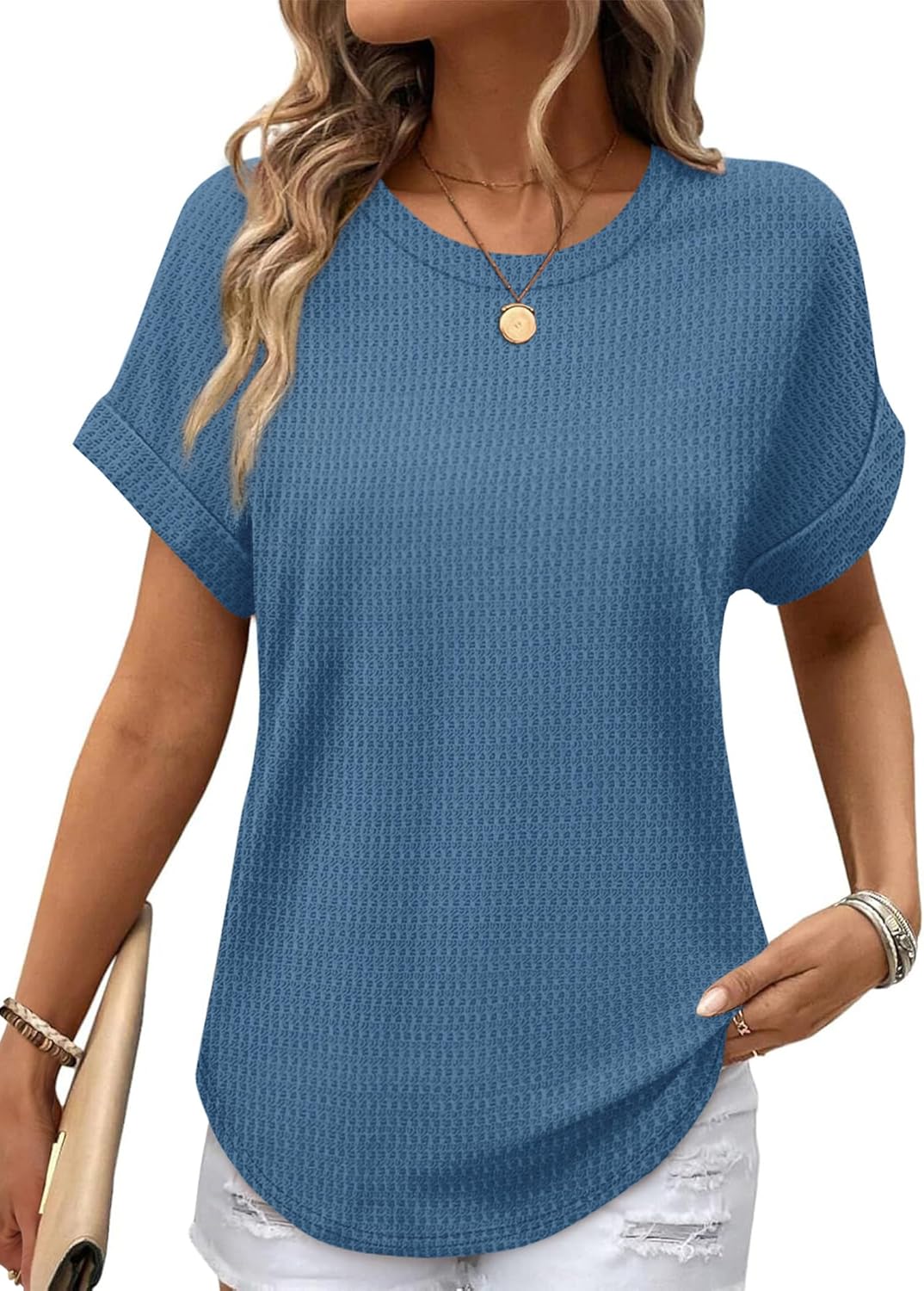 Amandine Haut Femme – T-Shirt Gaufré à Manches Revers et Ourlet Arrondi