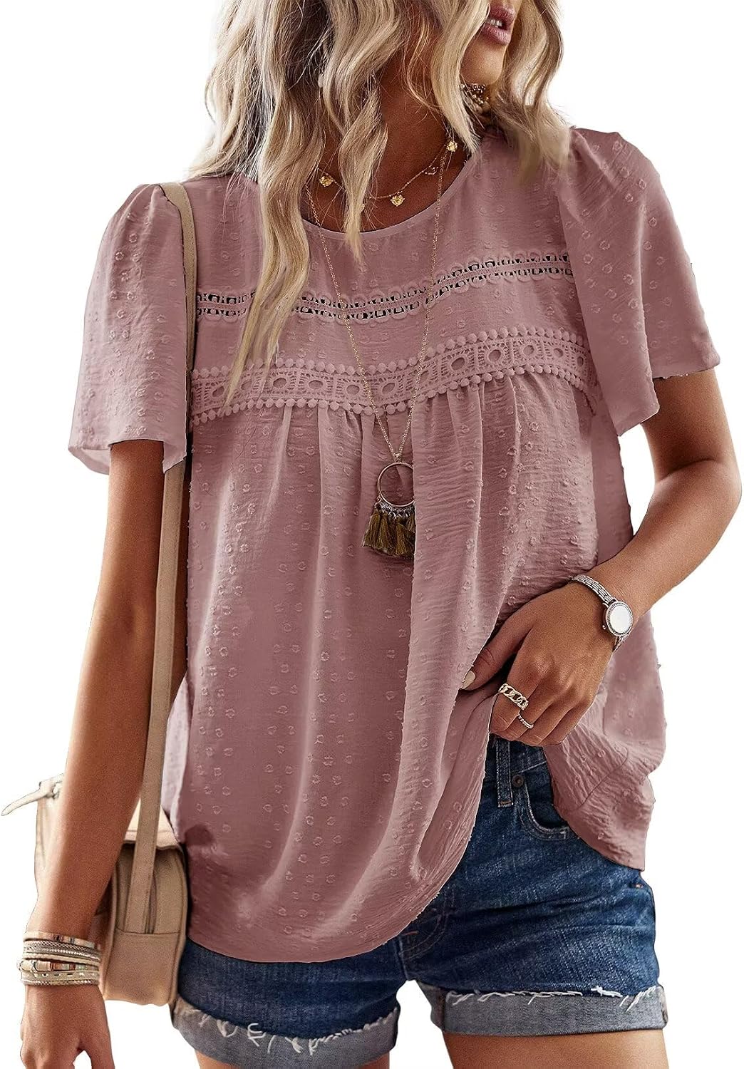 Elvira Haut Femme – Blouse Fluide à Col Rond avec Dentelle Crochetée et Manches Courtes
