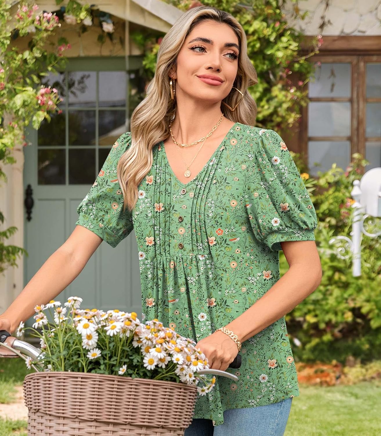 Lucille Blouse Femme – Haut à Col V avec Manches Bouffantes et Détails Boutonnés