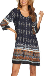 Thaïs Robe Tunique – Robe Bohème Fleurie à Col V et Manches 3/4