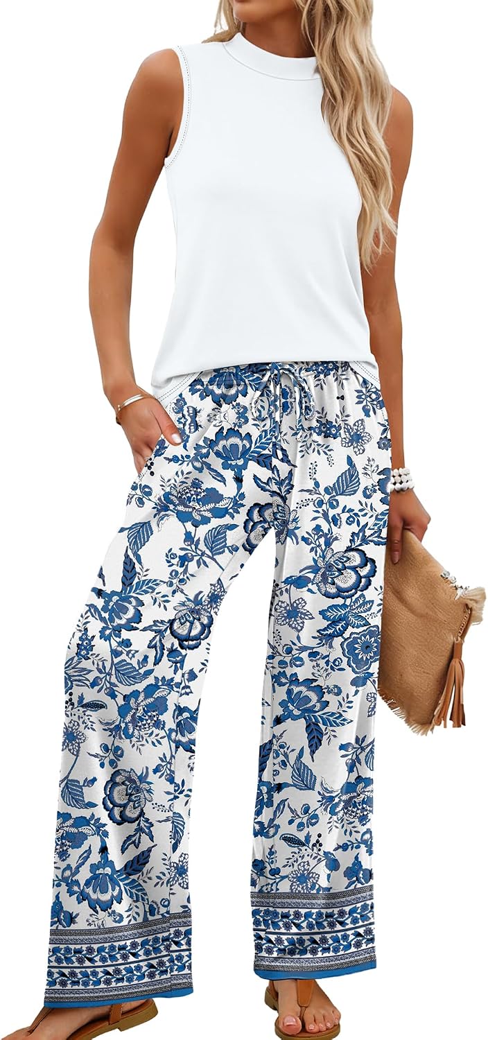 Bérénice Ensemble Femme 2 Pièces – Haut Sans Manches et Pantalon Large Imprimé
