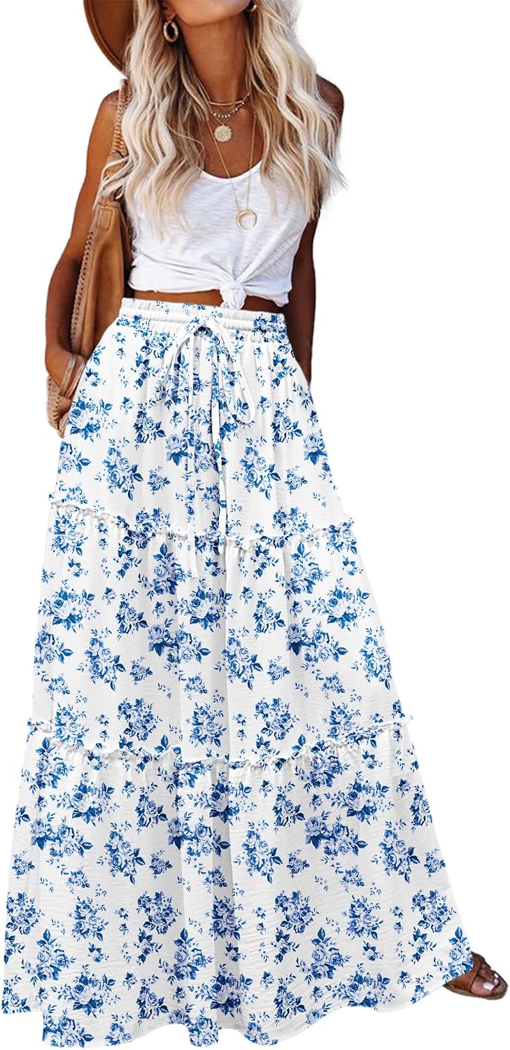 Maëlle Jupe Maxi – Jupe Longue Bohème Taille Haute à Volants avec Poches