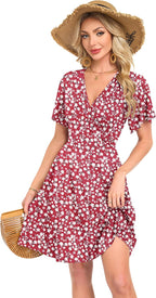 Léonie Robe Femme – Robe Évasée à Col V avec Manches Volantées et Poches