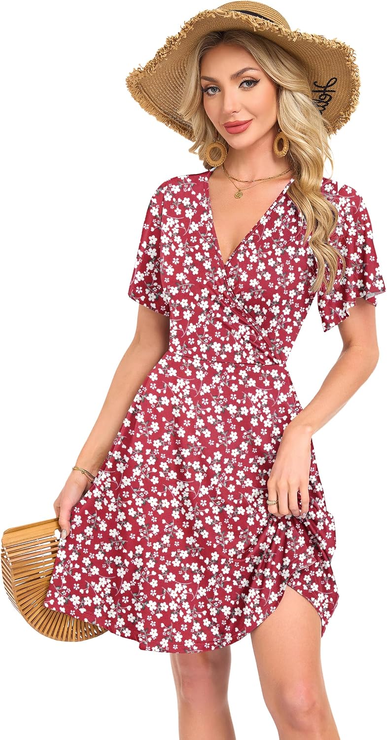 Léonie Robe Femme – Robe Évasée à Col V avec Manches Volantées et Poches
