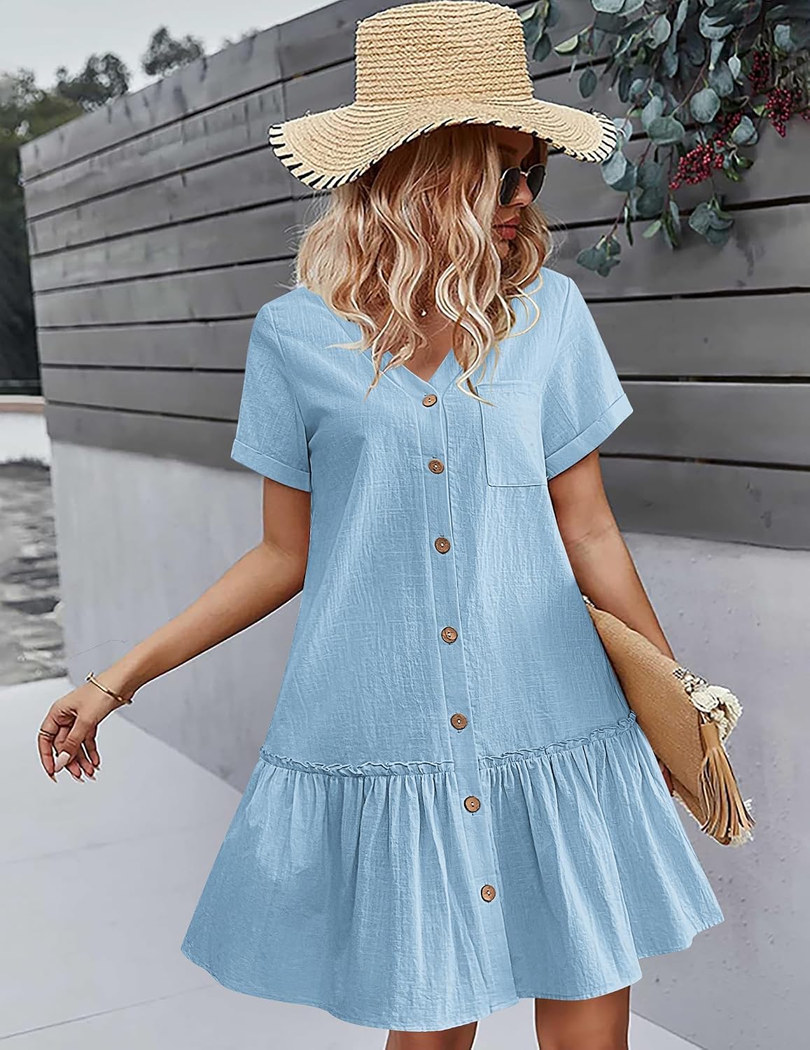 Lison Robe d'Été – Robe Courte en Mélange Coton-Lin à Col V Boutonné