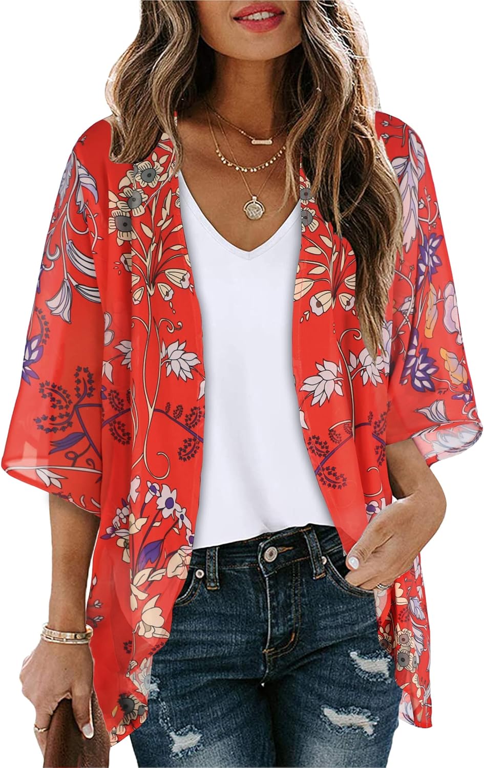 Noemi Kimono Femme – Kimono Léger en Mousseline à Imprimé Floral avec Manches 3/4