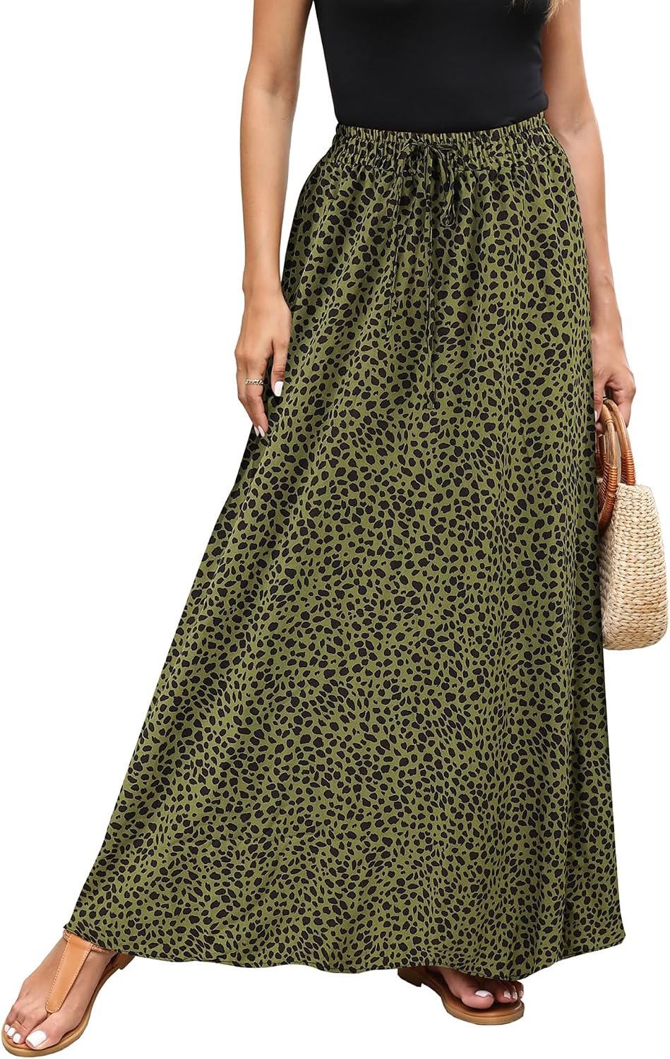 Estelle Jupe Maxi Imprimé Léopard – Jupe Longue Taille Élastique avec Cordon