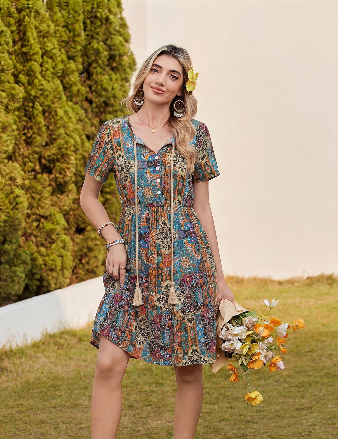 Monique Robe Midi Femme – Imprimé Bohème à Col V avec Manches Courtes