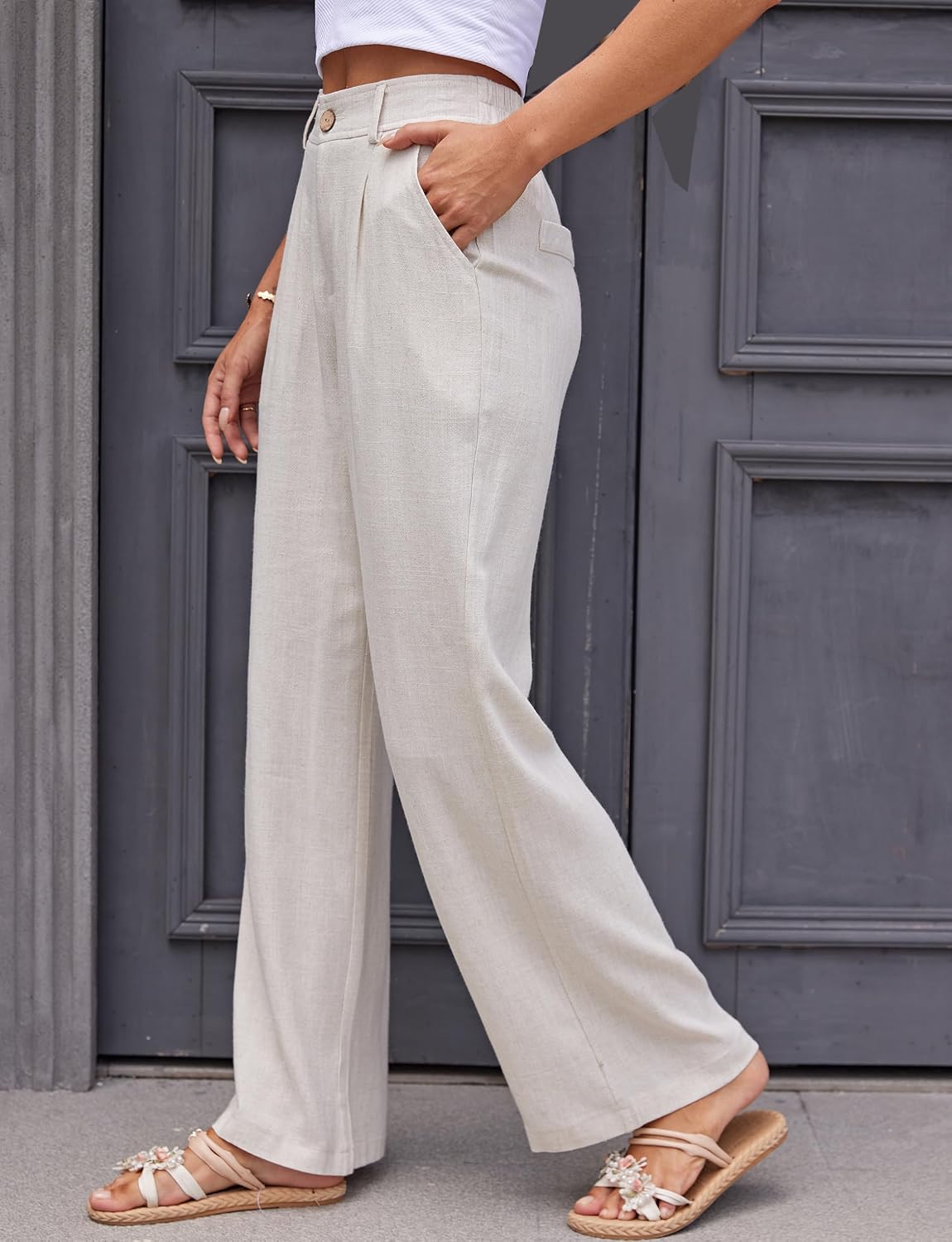 Denise Pantalon Droit en Lin – Pantalon Élégant Taille Haute pour le Bureau et l'Été