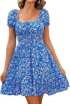 Isaline Robe Femme – Robe Courte Fleurie à Taille Haute et Manches Bouffantes