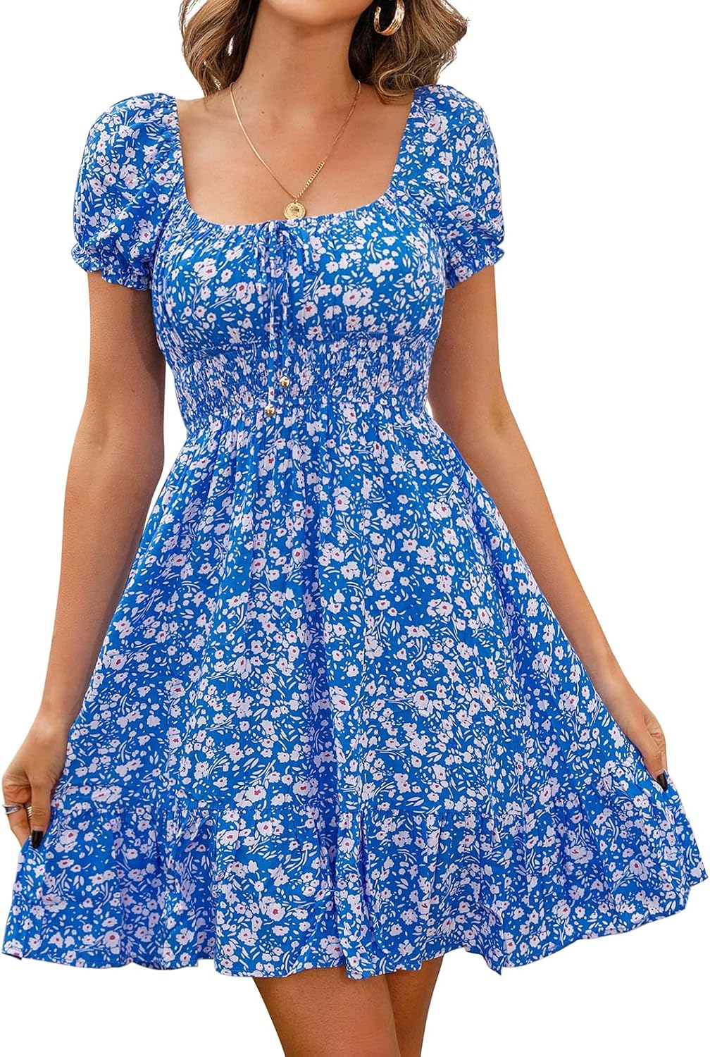 Isaline Robe Femme – Robe Courte Fleurie à Taille Haute et Manches Bouffantes