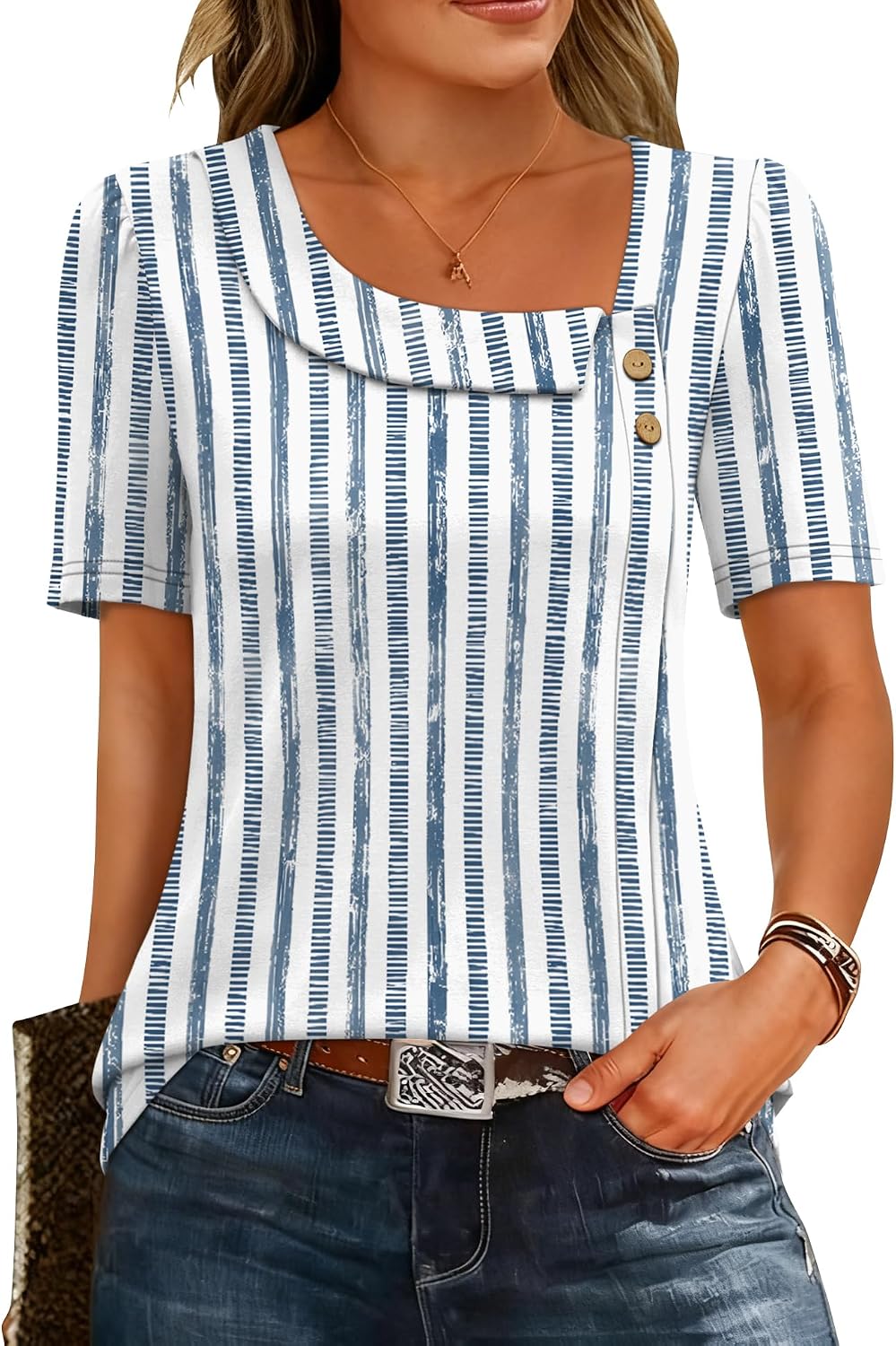Viviana Haut Femme – Blouse à Col Asymétrique avec Manches Courtes et Boutons Décoratifs