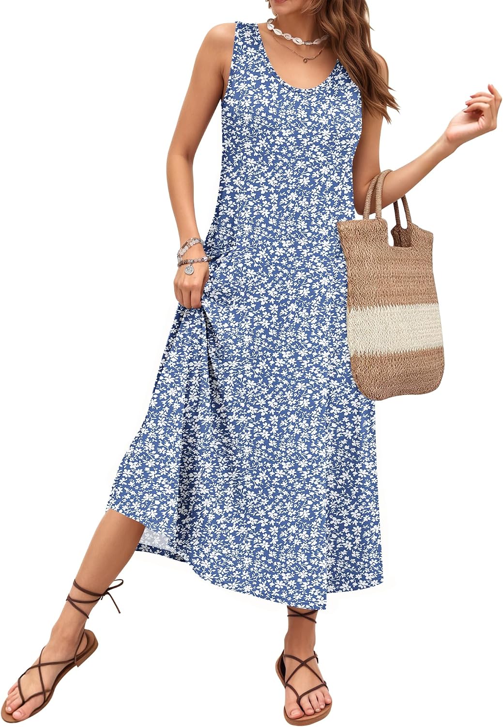 Rochelle Robe Femme – Robe Longue Sans Manches à Col Rond avec Coupe Évasée et Poches