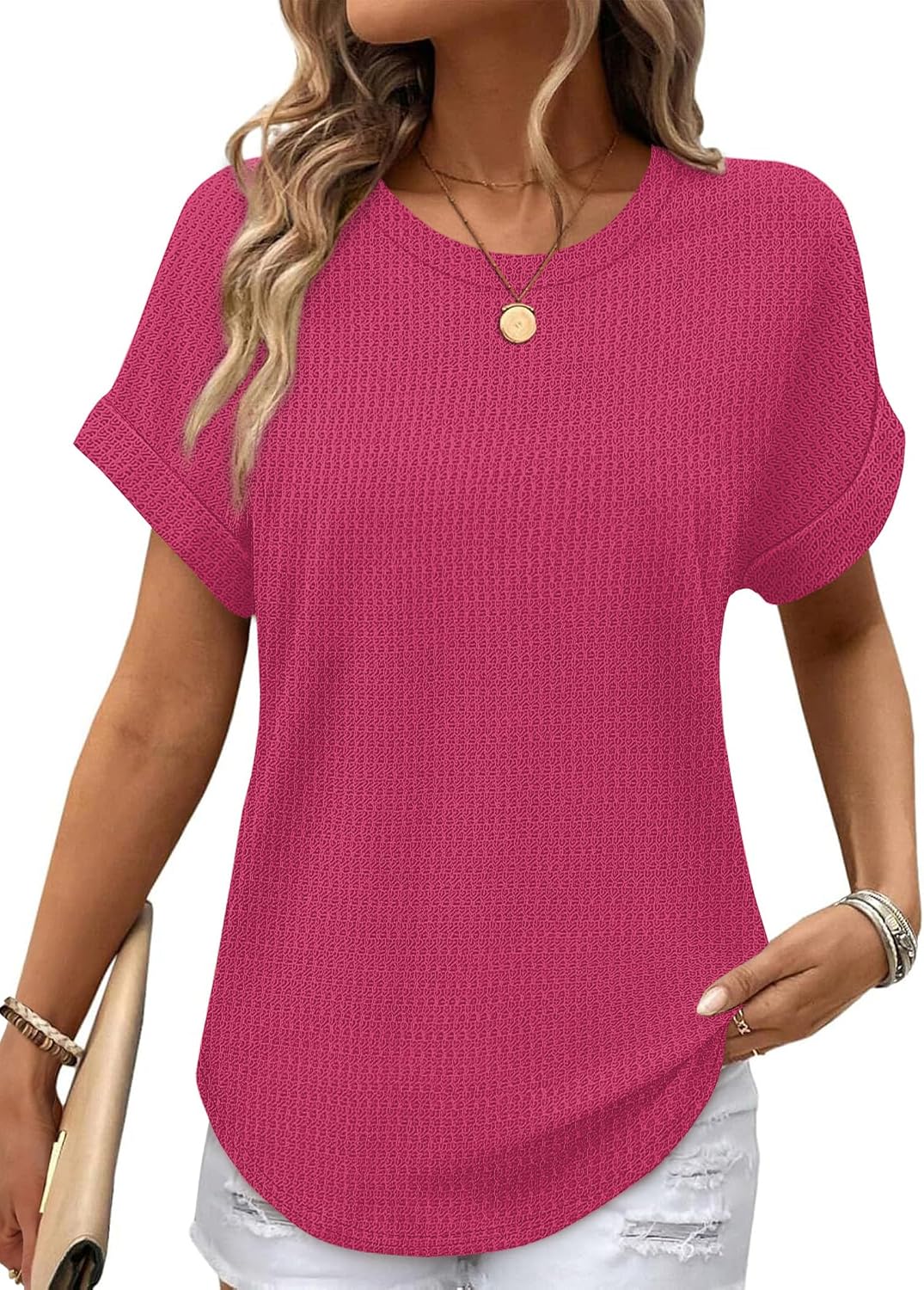 Amandine Haut Femme – T-Shirt Gaufré à Manches Revers et Ourlet Arrondi