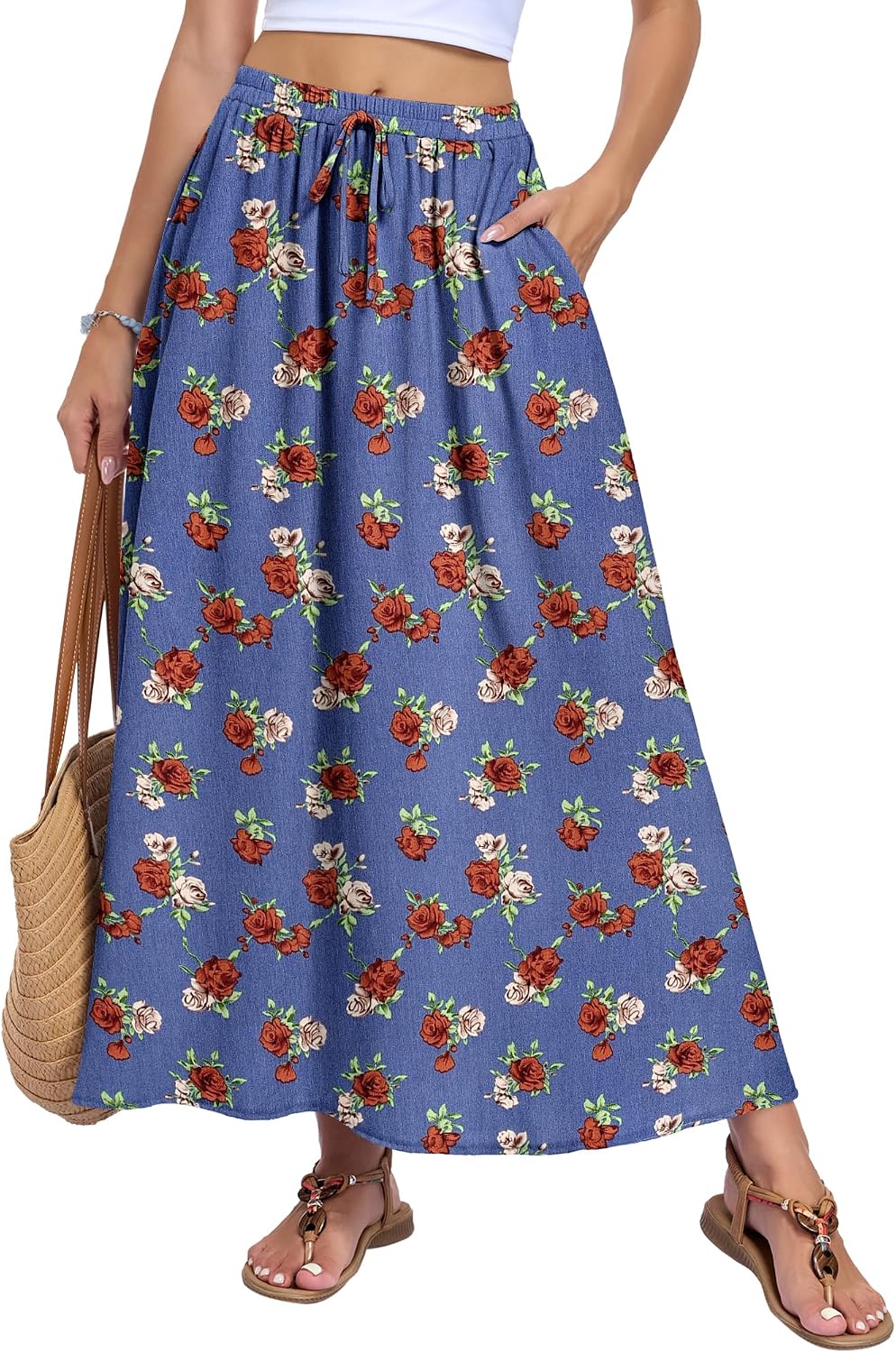 Solenne Jupe Longue – Jupe Maxi Taille Haute Fluide avec Poches Style Bohème d'Été