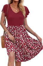 Aurélia Robe Femme – Robe Évasée à Col V avec Manches Volantées et Poches