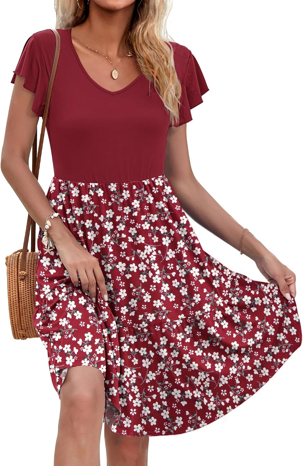 Aurélia Robe Femme – Robe Évasée à Col V avec Manches Volantées et Poches