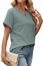 Amandine Women's Top – Textured T-Shirt with Rolled Sleeves and Rounded Hem