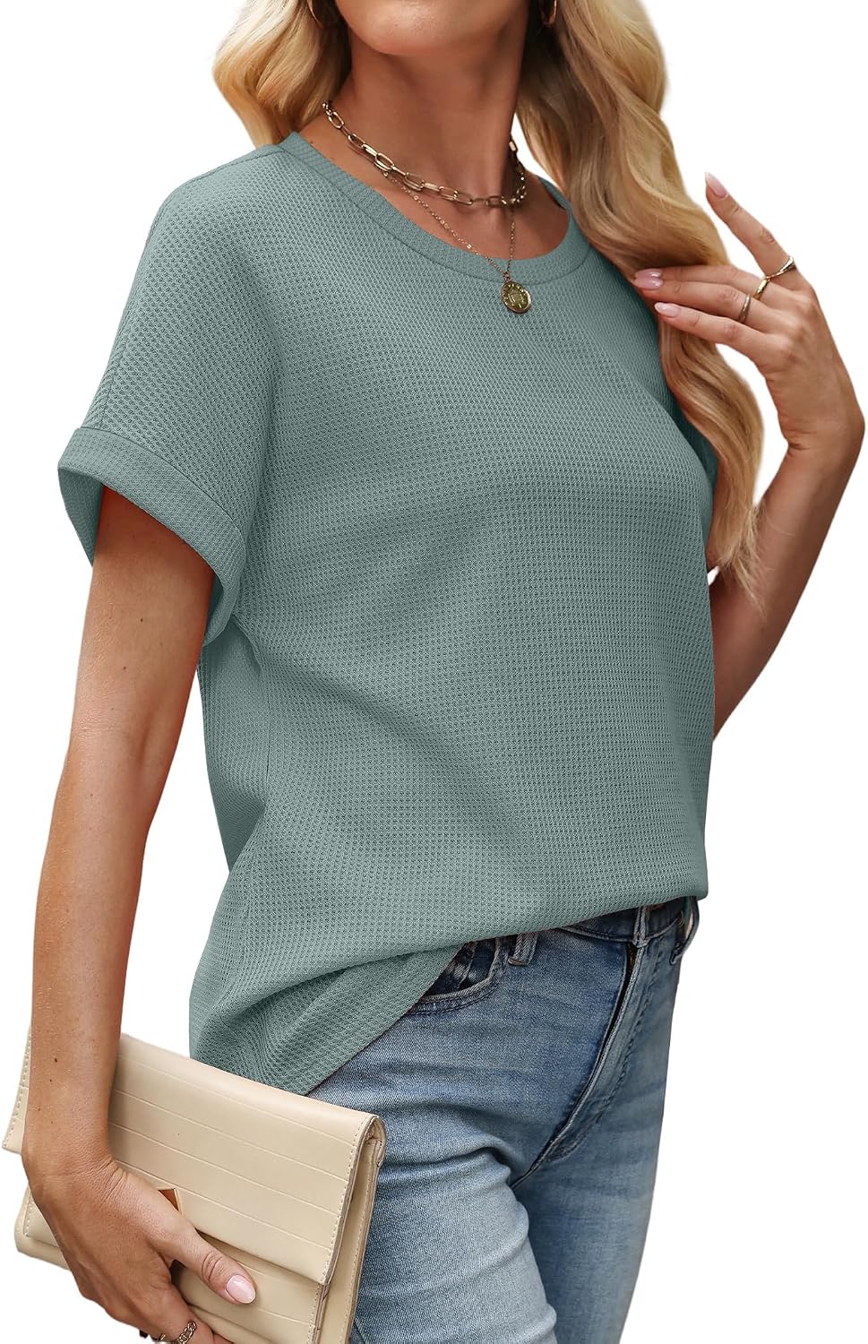 Amandine Haut Femme – T-Shirt Gaufré à Manches Revers et Ourlet Arrondi