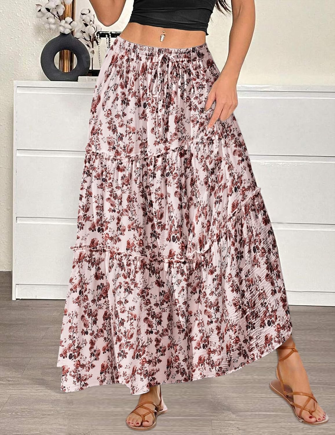Maëlle Jupe Maxi – Jupe Longue Bohème Taille Haute à Volants avec Poches