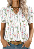 Alessia Haut Femme – Blouse à Col V avec Manches Courtes Bouffantes