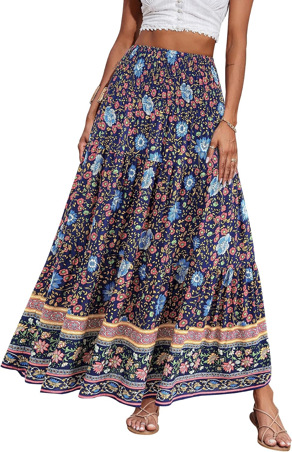 Maëlys Jupe Longue Bohème Fleurie – Jupe Maxi Évasée Taille Haute à Taille Élastique