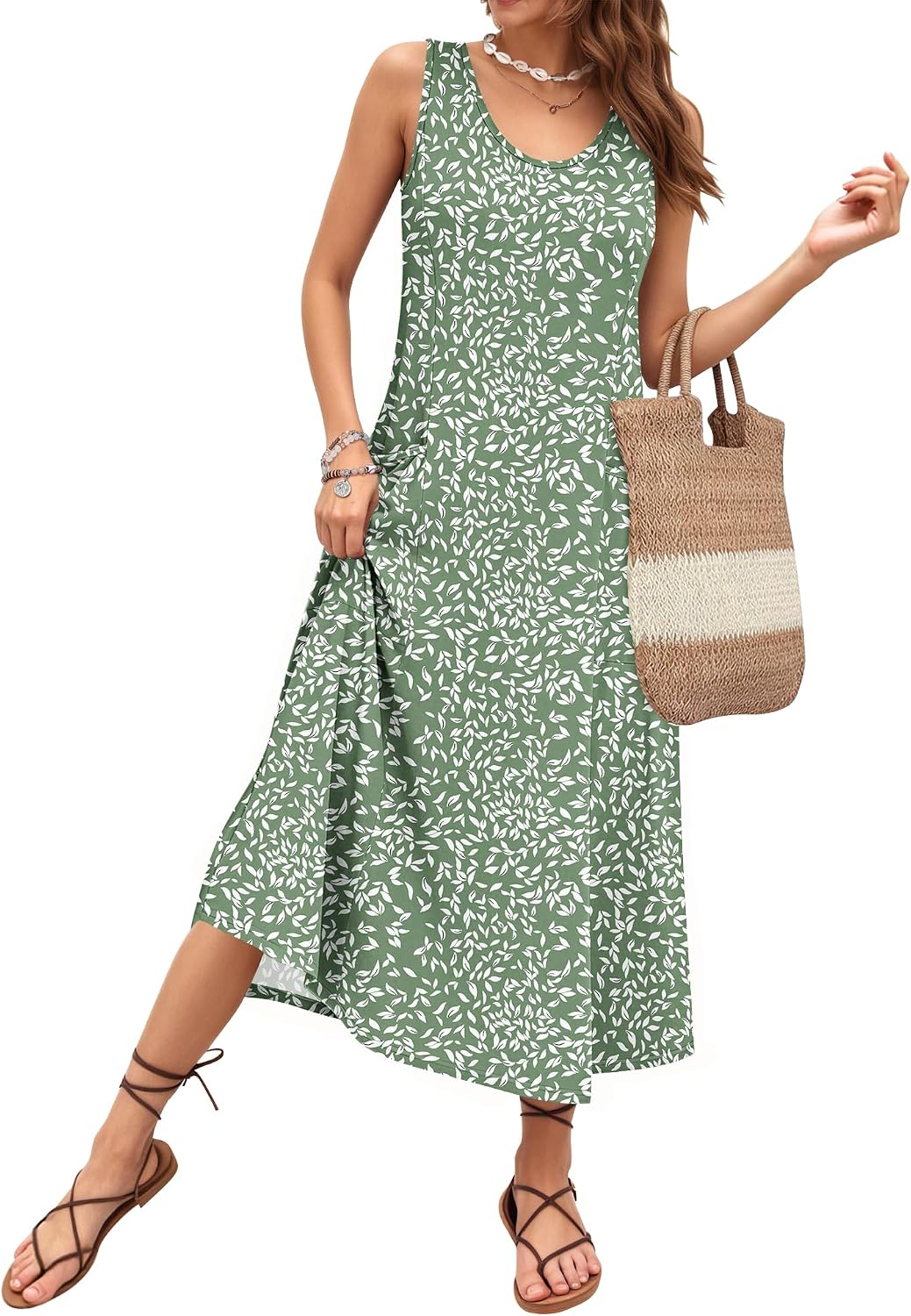 Rochelle Robe Femme – Robe Longue Sans Manches à Col Rond avec Coupe Évasée et Poches
