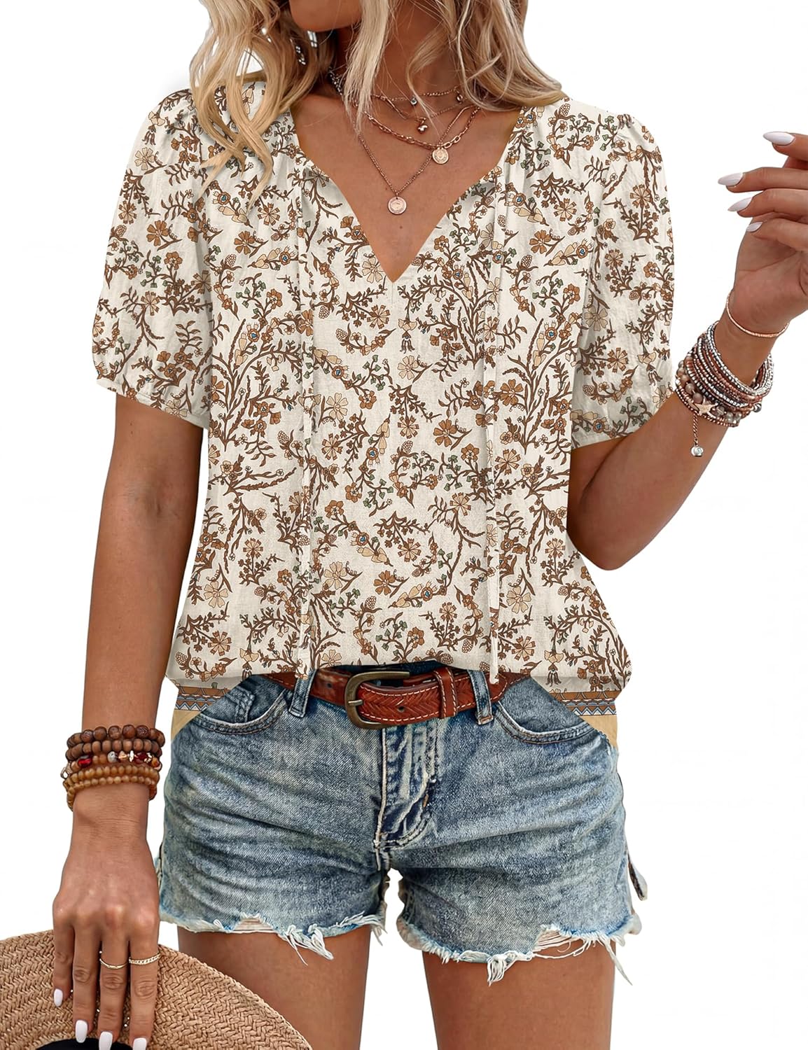 Caterina Blouse Femme – Blouse Bohème à Col V avec Liens à Nouer et Manches Courtes Bouffantes