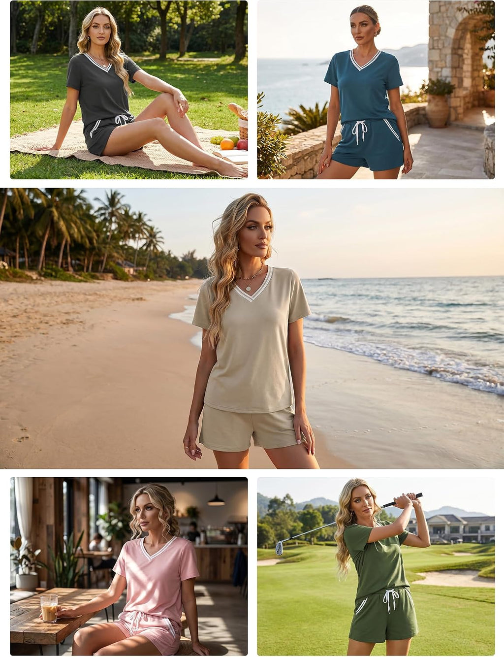 Adeline Ensemble Femme 2 Pièces – Haut à Col V et Short à Cordon avec Poches