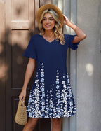 Patricia Robe Courte Femme – Coupe Trapèze Fleurie avec Col V et Poches