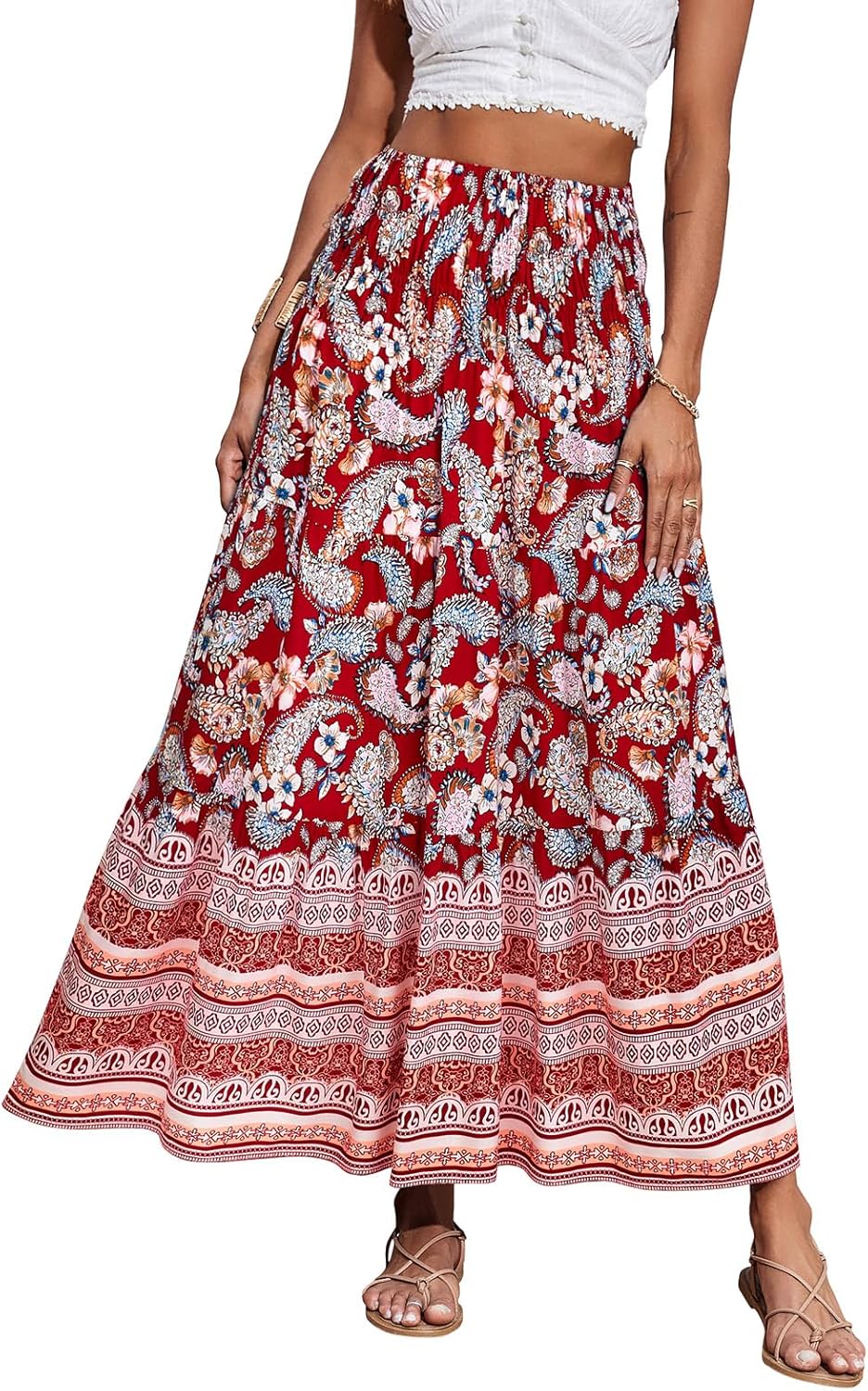 Maëlys Jupe Longue Bohème Fleurie – Jupe Maxi Évasée Taille Haute à Taille Élastique