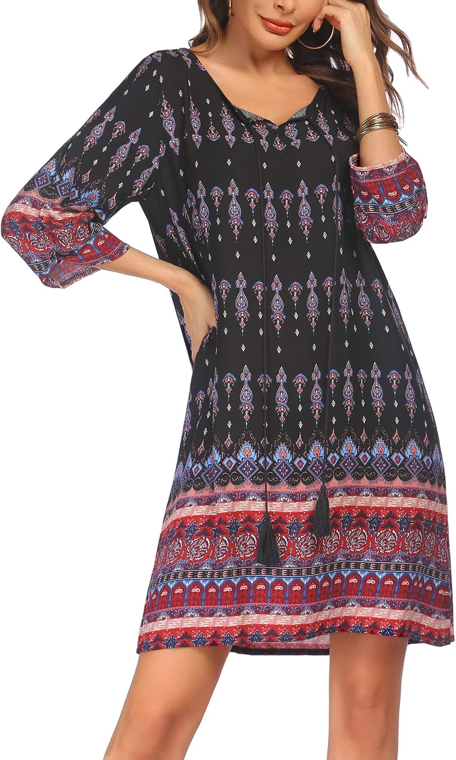 Thaïs Robe Tunique – Robe Bohème Fleurie à Col V et Manches 3/4
