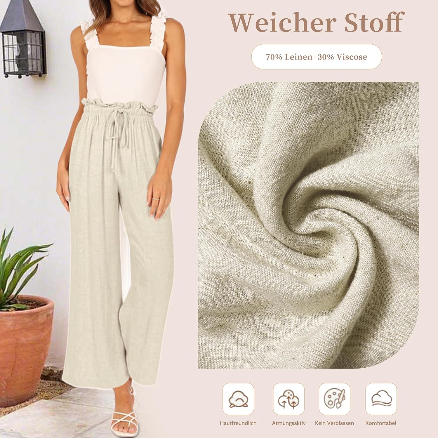 Bianca Pantalon Palazzo en Lin – Pantalon Taille Haute Léger avec Cordon de Serrage