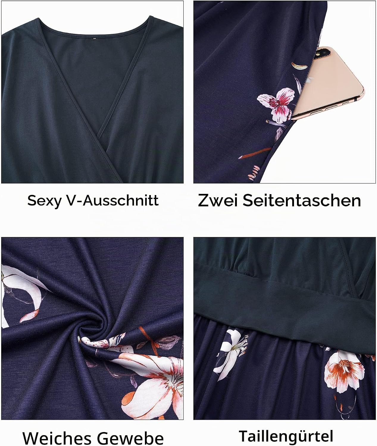 Apolline Robe Femme – Robe Cache-Cœur Fleurie à Col V avec Poches