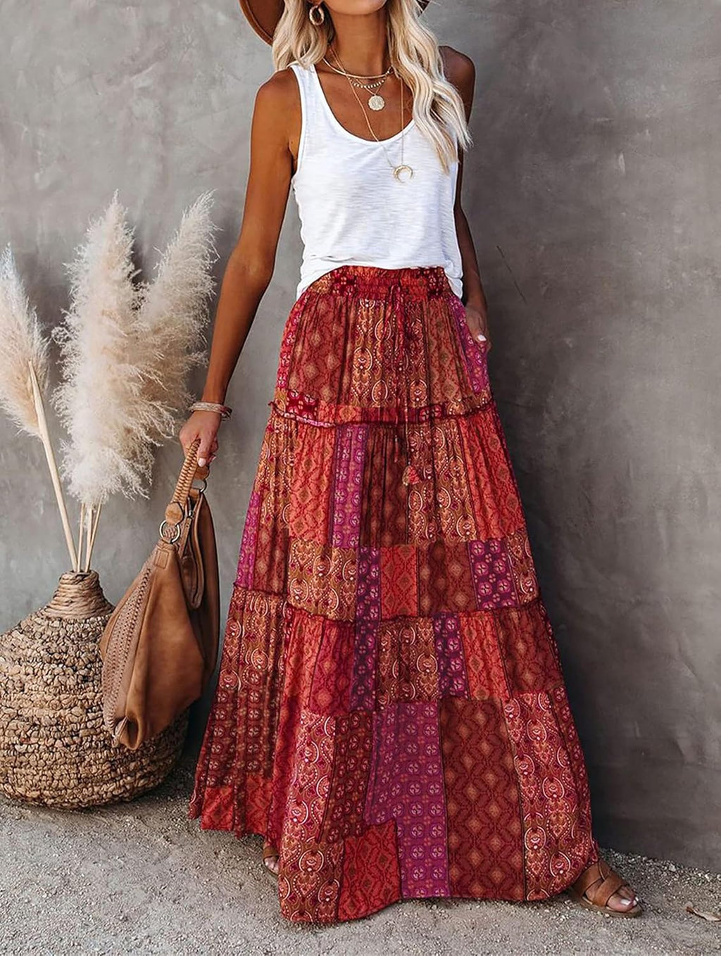 Anaïs Jupe Midi – Jupe Bohème Fluide Taille Haute avec Poches et Coupe Trapèze